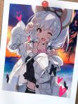  1girl ;d animal_ears beach blush bow commentary_request fake_animal_ears granblue_fantasy hair_bobbles hair_bow hair_ornament hairband heart highres jacket long_sleeves looking_at_viewer medium_hair midriff mouse_ears navel one_eye_closed open_mouth palm_tree photo_(object) red_eyes sawayaka_samehada scrunchie smile solo tree upper_body vikala_(granblue_fantasy) w white_bow white_hair white_jacket wrist_scrunchie 