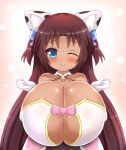  1girl animal_ears animal_print bare_shoulders bell blue_bow blue_eyes blush bow breast_squeeze breasts brown_hair cat_ears cat_girl cleavage cleavage_cutout clothing_cutout collar commission cow_print dark-skinned_female dark_skin dress elbow_gloves gloves hair_bow hair_ornament halterneck highres huge_breasts kane-neko long_hair looking_at_viewer naomi_minette one_eye_closed oppai_loli original petite pink_bow pink_dress pov shiny shiny_hair shiny_skin shortstack smile solo standing tight two_side_up upper_body white_gloves wing_collar 
