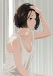  1girl artist_name blush bob_cut breasts brown_eyes brown_hair cleavage collarbone curtains hand_in_own_hair hand_up mattaku_mousuke original short_hair sitting solo sunlight tank_top upper_body watermark 