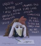  2022 anthro anxiety avian bird black_clothing black_shirt black_topwear bodily_fluids brown_body brown_fur chicken clothing crying depressing depression doubt english_text eraser eyes_closed female flyper fur galliform gallus_(genus) gradient_background hi_res iceberglonely insult paper pencil_(object) phasianid sad self_doubt shirt signature simple_background solo t-shirt tears text topwear white_body worried 