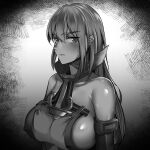  1girl absurdres anchor bismarck_(kancolle) breasts detached_sleeves greyscale hair_between_eyes highres kantai_collection large_breasts military military_uniform monochrome sideboob sidelocks sing152 solo uniform upper_body 