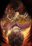  2boys antonio_salieri_(fate) antonio_salieri_(second_ascension)_(fate) backlighting baton_(conducting) black_gloves blonde_hair cape claws closed_eyes curly_hair demon_pillar_(fate) fate/grand_order fate_(series) flaming_eye formal gloves grey_hair hair_over_one_eye hand_on_own_wrist hand_over_face highres jewelry long_hair long_sleeves male_focus multiple_boys pendant pinstripe_pattern pinstripe_suit red_eyes short_hair striped suit wide-eyed wolfgang_amadeus_mozart_(fate) zeroki_(izuno) 