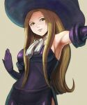  1girl bare_shoulders breasts brown_eyes brown_hair closed_mouth dress elbow_gloves gloves hat long_hair looking_at_viewer simple_background smile solo tactics_ogre witch witch_(tactics_ogre) witch_hat 
