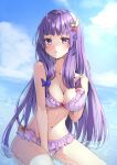  1girl bare_arms bare_legs bare_shoulders bikini blue_bow blush bow breasts cleavage cloud cloudy_sky collarbone cowboy_shot crescent crescent_hair_ornament day hair_bow hair_ornament highres large_breasts long_hair navel open_mouth outdoors patchouli_knowledge purple_bikini purple_eyes purple_hair red_bow shironeko_yuuki sky solo swimsuit touhou water 