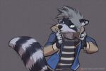  2022 anthro black_body black_fur black_nose blue_eyes clothed clothing digital_media_(artwork) fingers fur grey_body grey_fur grey_hair hair koul male mammal procyonid raccoon simple_background solo 