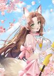  1girl absurdres animal_ears blue_sky brown_hair cherry_blossoms cloud dress falling_petals flower flower_collar fox_ears fox_tail gloves hair_flower hair_ornament highres holding holding_umbrella long_hair ni_shu open_mouth petals see-through see-through_sleeves short_sleeeves sky sleeve_ribbon smile solo tail tsuchimikado_kurumi_(yong_jie_wujian) umbrella white_dress white_gloves yong_jie_wujian 