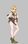  1girl absurdres ankle_boots black_bra black_panties blonde_hair blue_eyes blush boots bra breasts brown_footwear carrying cleavage clenched_hand commentary cross-laced_footwear english_commentary frown full_body german_army glaring gloves green_gloves grey_background grimace gun hand_on_hip harness heel_up highres looking_at_viewer machine_gun medium_breasts medium_hair original panties simple_background solo standing steam underwear weapon weapon_request world_war_ii yellow_chease 