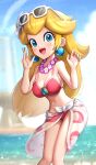  1girl :d absurdres beach bikini blonde_hair blue_eyes breasts cleavage day eyewear_on_head flower flower_necklace gonzarez highres in-universe_location large_breasts lips looking_at_viewer mario_(series) moon_print navel outdoors pink_bikini princess_peach sarong smile solo sunglasses super_mario_odyssey swimsuit 