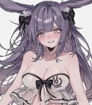  1girl animal_ears aogisa arknights bare_shoulders black_bow blush bow brown_pupils clothes_writing collarbone earrings eyelashes fake_animal_ears grey_background grey_eyes hair_bow highres jewelry long_eyelashes long_hair looking_at_viewer parted_lips pink_lips purple_hair rabbit_ears rope_(arknights) rope_(summer_flowers)_(arknights) simple_background smile solo swimsuit teeth upper_body 