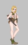  1girl absurdres ankle_boots areola_slip blonde_hair blue_eyes blush boots breasts brown_footwear carrying cleavage clenched_hand commentary cross-laced_footwear english_commentary frown full_body german_army glaring gloves green_gloves grey_background grimace gun hand_on_hip harness heel_up highres looking_at_viewer machine_gun medium_breasts medium_hair nude original simple_background solo standing steam weapon weapon_request world_war_ii yellow_chease 