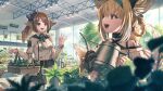  2girls :d animal_ear_fluff animal_ears arknights bangs bare_shoulders belt belt_buckle black_belt blonde_hair blue_bow blue_hairband blue_sky blurry blurry_foreground bow braid breasts brown_eyes brown_hair buckle cloud collared_shirt commentary_request day depth_of_field diagonal-striped_bow fox_ears fox_girl fox_tail hair_between_eyes hair_bow hair_rings hairband high_ponytail holding indoors jacket kitsune long_hair long_sleeves multicolored_hair multiple_girls official_alternate_costume partial_commentary perfumer_(arknights) perfumer_(species_plantarum)_(arknights) plant ponytail shirt shopping_basket sky small_breasts smile streaked_hair suzuran_(arknights) tail tanagawa_makoto watering_can white_hair white_jacket white_shirt 