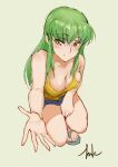  1girl absurdres bangs bare_arms bare_legs blue_shorts breasts c.c. cleavage closed_mouth code_geass cosplay green_hair hair_between_eyes highres inkqaq katsuragi_misato katsuragi_misato_(cosplay) long_hair medium_breasts neon_genesis_evangelion one_knee outstretched_hand reaching_out shiny shiny_hair short_shorts shorts sideboob sketch smile solo straight_hair tank_top white_background yellow_eyes yellow_tank_top 