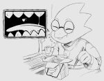  2022 alphys anthro buckteeth chinese_food chopsticks computer ethan64 eyes_closed eyewear female female_pred glasses larger_female lizard micro monochrome reptile scalie sharp_teeth size_difference teeth tongue unaware unaware_pred undertale_(series) vore 
