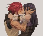  2girls belt belt_buckle blue_hair buckle caitlyn_(league_of_legends) closed_eyes detached_sleeves hand_in_another&#039;s_hair highres kiss league_of_legends mashe_(marceline2174) medium_hair multiple_girls red_hair tattoo upper_body vi_(league_of_legends) yuri 
