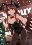  1girl animal_ears black_leotard black_pantyhose bow bowtie breasts brown_eyes brown_hair cellphone christmas_tree cleavage cocktail_glass commentary_request commission cowboy_shot cup detached_collar drinking_glass foreshortening idolmaster idolmaster_million_live! leotard long_hair medium_breasts pantyhose phone playboy_bunny rabbit_ears rabbit_tail red_bow red_bowtie skeb_commission solo strapless strapless_leotard tail tanaka_kotoha train_90 tray wrist_cuffs 