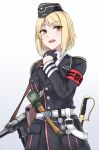  1girl armband blonde_hair explosive garrison_cap girls&#039;_frontline gloves grenade gun hat highres holding holding_weapon ibuki_eisen looking_at_viewer military military_uniform mp40 mp40_(girls&#039;_frontline) open_mouth orange_eyes saber_(weapon) submachine_gun sword uniform weapon 