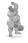  balls bath bathroom belly blush bodily_fluids body_hair chest_hair eyes_closed genital_fluids genitals greyscale hair hi_res humanoid juicestandmango male monochrome moobs musical_note navel not_furry nude orc overweight overweight_male penis pubes shower singing smile soap solo text water wet 