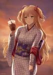  1girl absurdres admiral_hipper_(azur_lane) admiral_hipper_(sunshine_by_the_hot_spring)_(azur_lane) azur_lane blonde_hair bubble_tea cup disposable_cup drink drinking_straw english_commentary floral_print green_eyes hair_ribbon highres holding holding_cup holding_drink japanese_clothes karkovb152 kimono looking_at_viewer official_alternate_costume purple_sash red_ribbon ribbon sash solo sunset upper_body 