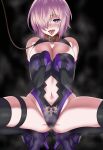  1girl absurdres bangs bare_shoulders black_leotard black_thighhighs breasts collar crotch elbow_gloves fate/grand_order fate_(series) gloves hair_over_one_eye highleg highleg_leotard highres large_breasts leash leotard light_purple_hair looking_at_viewer mash_kyrielight open_mouth pubic_tattoo pubic_tattoo_through_clothing purple_eyes purple_gloves short_hair sirano smile solo squatting tattoo thigh_strap thighhighs thighs tongue tongue_out 