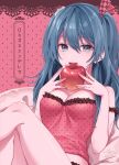  1girl apple aqua_eyes bare_legs blue_hair border bow breasts brown_border brown_ribbon camisole checkered_bow checkered_clothes cleavage feet_out_of_frame fingernails food fruit hair_between_eyes hair_bow half-closed_eyes hatsune_miku hinata_mizuiro holding holding_food holding_fruit lace lace-trimmed_bow lace_border lace_trim legs_together light_smile long_hair looking_at_viewer medium_breasts midriff_peek open_mouth pink_background pink_bow pink_camisole polka_dot polka_dot_background polka_dot_camisole ribbon romeo_to_cinderella_(vocaloid) shiny shiny_skin simple_background sitting solo song_name strap_slip teeth tsurime two_side_up upper_teeth vocaloid 