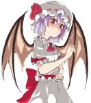  168admiral_(sunflower) 1girl ascot back_bow bat_wings blush bow closed_mouth collared_shirt frilled_shirt frilled_shirt_collar frilled_sleeves frills frown hair_between_eyes hat highres looking_at_viewer mob_cap pink_headwear puffy_short_sleeves puffy_sleeves purple_hair red_ascot red_bow red_eyes remilia_scarlet shirt short_hair short_sleeves simple_background skirt skirt_set solo touhou upper_body white_background white_headwear white_shirt white_skirt wings 