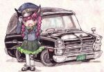 1girl animal_ears black_bow black_tail bow braid cat_ears cat_tail chauffeur fang footwear_bow gloves green_skirt ground_vehicle hair_bow hat_tip hearse kaenbyou_rin motor_vehicle multiple_tails open_mouth pink_eyes pink_hair skirt sodbre_(takaya) solo standing tail touhou twin_braids two_tails uniform 