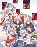  5girls absurdres ahoge armor bangs bare_shoulders black_gloves black_jacket blue_eyes bodysuit chair dress gloves hair_ornament highres honkai_(series) honkai_impact_3rd jacket kiana_kaslana kiana_kaslana_(herrscher_of_flamescion) kiana_kaslana_(herrscher_of_the_void) kiana_kaslana_(knight_moonbeam) kiana_kaslana_(void_drifter) kiana_kaslana_(white_comet) long_hair multiple_girls multiple_persona ponytail portrait_(object) shiying_no_yao sitting white_bodysuit white_dress white_hair white_jacket wings yellow_eyes 