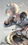  1girl absurdres animal_ears blood blood_on_face braid camisole cat_ears chakram chest_jewel fingerless_gloves gloves glowing glowing_eye grey_hair half_gloves highres injury jacket lu_(pixiv20967832) mio_(xenoblade) watermark weapon white_camisole white_jacket wiping_face xenoblade_chronicles_(series) xenoblade_chronicles_3 