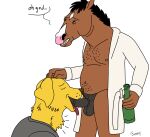  alcoholic_drink animal_genitalia animal_penis anthro balls bird_dog bojack_horseman bojack_horseman_(character) bottle canid canine canis caprisunn clothed clothing domestic_dog drunk_sex duo equid equine equine_penis genitals hair hi_res holding_head horse hunting_dog labrador looking_pleasured male male/male mammal motion_lines mr._peanutbutter neck_bulge netflix oral oral_penetration partially_clothed penetration penis retriever slightly_chubby speech_bubble tongue tongue_out 