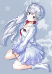  1girl blue_eyes boots breasts closed_mouth cropped_jacket dress earrings grey_background hair_ornament jacket jewelry long_hair mutsumi_masato pendant rwby scar scar_across_eye side_ponytail small_breasts snowflake_background solo tiara two-sided_fabric two-sided_jacket weiss_schnee white_dress white_hair white_jacket 