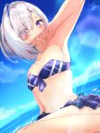  1girl absurdres amane_kanata arm_up armpits bandeau bikini bikini_skirt blue_hair blue_sky blush breasts colored_inner_hair dutch_angle eyes_visible_through_hair front-tie_bikini front-tie_top grey_hair highres hololive lens_flare looking_at_viewer multicolored_hair navel ocean pink_hair short_hair single_hair_intake sky small_breasts solo streaked_hair sui._(suikun) swimsuit virtual_youtuber 