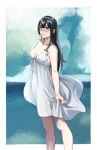  1girl amanattou_shigure black_hair blue_hairband blue_sky breasts cloud commentary_request dress feet_out_of_frame green_eyes hairband highres horizon kantai_collection long_hair ocean ooyodo_(kancolle) semi-rimless_eyewear sky small_breasts solo sundress under-rim_eyewear white_dress 