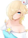  1girl bare_shoulders blonde_hair blue_eyes closed_mouth crown earrings hair_over_one_eye highres jewelry looking_at_viewer mario_(series) rosalina short_hair simple_background solo star_(symbol) star_earrings super_mario_galaxy tomatomiya upper_body white_background 
