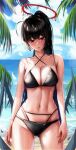  1girl absurdres arms_at_sides ass_visible_through_thighs beach bikini black_hair blue_archive blue_sky breasts cleavage cloud collarbone cowboy_shot day halo high_ponytail highres kimchi_(user_mpzz8457) large_breasts leaf long_hair looking_at_viewer multi-strapped_bikini navel outdoors parted_lips raised_eyebrows red_eyes side_ahoge skindentation sky solo stomach swimsuit tsurugi_(blue_archive) very_long_hair wet wet_hair 