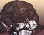  anthro ben_(zenless_zone_zero) brown_body brown_fur canid canine canis duo fur istani male male/male mammal muscular muscular_anthro muscular_male nipples ursid white_body white_fur wolf zenless_zone_zero 