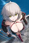  1girl ahoge bangs bikini black_bikini black_gloves black_jacket breasts cleavage closed_mouth collarbone commentary_request fate/grand_order fate_(series) gloves green_hair hair_between_eyes highres jacket jeanne_d&#039;arc_alter_(fate) jeanne_d&#039;arc_alter_(swimsuit_berserker)_(fate) kamo_ashi large_breasts long_hair looking_at_viewer looking_up o-ring off_shoulder open_clothes open_jacket red_thighhighs single_thighhigh smile solo swimsuit thighhighs tongue tongue_out very_long_hair water yellow_eyes 
