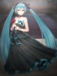  1girl absurdres after0217 black_dress blue_eyes blue_hair closed_mouth dress evening_gown formal hair_between_eyes hatsune_miku highres looking_at_viewer miku_symphony_(vocaloid) no_nose smile solo twintails vocaloid 