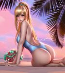  1girl ass backless_outfit backless_swimsuit bangs bare_back bare_shoulders beach blonde_hair blue_eyes blue_one-piece_swimsuit blush breasts english_commentary high_ponytail highres leaning_to_the_side liang_xing lips looking_at_viewer looking_back metroid metroid_(creature) mole mole_on_shoulder mole_under_mouth palm_tree parted_lips patreon_username ponytail samus_aran sand signature sitting solo sunset swimsuit thighs tree turning_head web_address 