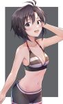  1girl :d absurdres antenna_hair arm_up bangs bare_arms bare_shoulders bikini bikini_top_only black_background black_bikini black_hair black_shorts blush border breasts cleavage collarbone cowboy_shot highres idolmaster idolmaster_(classic) kikuchi_makoto looking_at_viewer navel open_mouth outside_border purple_eyes short_hair short_shorts shorts shuucream_(syuichi) simple_background small_breasts smile solo stomach striped striped_bikini swimsuit two-tone_bikini white_bikini white_border 