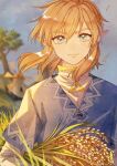  1boy blonde_hair blue_eyes blurry blurry_background closed_mouth cloud cloudy_sky commentary_request day earrings highres holding holding_plant jewelry link looking_at_viewer male_focus mouyi outdoors plant pointy_ears single_earring sky the_legend_of_zelda the_legend_of_zelda:_breath_of_the_wild tree wheat wheat_field wind windmill 