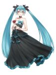  1girl absurdres after0217 aqua_bow aqua_eyes aqua_hair bangs bare_arms bare_shoulders black_bow black_dress bow bow_choker choker closed_mouth dress evening_gown flower formal frilled_dress frills full_body hair_between_eyes hatsune_miku highres holding holding_flower long_dress looking_at_viewer miku_symphony_(vocaloid) no_nose red_flower red_rose rose simple_background smile solo standing strapless strapless_dress twintails vocaloid white_background 