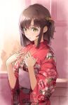  1girl blush brown_hair carrot_hair_ornament floral_print food-themed_hair_ornament hair_ornament hands_on_own_chest highres japanese_clothes kimono medium_hair nail_polish obi one_side_up original pink_nails print_kimono sash smile solo upper_body yellow_eyes yoropa yukata 