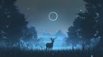  animal bug clear_sky commentary deer english_commentary fantasy fireflies forest full_body grass highres landscape lenafay moon mountain mountainous_horizon nature night night_sky original photoshop_(medium) scenery sky standing tree vegetation 