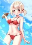 1girl :p absurdres ao_(flowerclasse) bangs bare_arms bare_shoulders bikini blonde_hair blue_sky blush bow bow_bikini breasts cleavage closed_mouth cloud cloudy_sky commentary_request day food groin highres holding holding_food ice_cream ice_cream_cone looking_at_viewer lycoris_recoil medium_breasts navel nishikigi_chisato outdoors red_bikini red_eyes side_ponytail sky smile soft_serve solo standing swimsuit tongue tongue_out water 