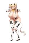  1girl absurdres animal_ears animal_print bear_ears bell bikini black_collar blonde_hair blue_eyes breasts cleavage collar cow_horns cow_print dryseaweed elbow_gloves fake_animal_ears fake_horns frigga_(last_origin) full_body gloves hair_between_eyes highres horns huge_breasts last_origin long_hair looking_at_viewer mole mole_under_mouth neck_bell simple_background smile solo standing swimsuit thick_thighs thighhighs thighs white_background white_bikini white_gloves white_thighhighs wide_hips 
