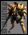  absurdres black_border border character_name clenched_hand gabthley grey_background gun gundam highres holding holding_gun holding_weapon mecha mobile_suit moyan no_humans one-eyed pink_eyes procreate_(medium) robot science_fiction solo weapon zeta_gundam 