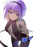  1girl bangs black_leotard center_opening dark-skinned_female dark_skin fate/grand_order fate_(series) flower hairband hassan_of_serenity_(fate) highres leaning_forward leggings leotard looking_at_viewer purple_eyes purple_hair short_hair sidelocks simple_background smile solo yuuyoshizuki 