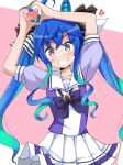  1girl @_@ ahoge aikawa_ryou animal_ears arms_up black_bow blue_eyes blue_hair blue_shirt blush bow commentary_request green_hair grin hair_bow heart heart_hands heterochromia highres horse_ears leaning_to_the_side multicolored_hair notice_lines pink_background pleated_skirt puffy_short_sleeves puffy_sleeves purple_bow purple_eyes school_uniform shirt short_sleeves skirt smile solo tracen_school_uniform twin_turbo_(umamusume) twintails two-tone_background two-tone_hair umamusume white_background white_skirt 