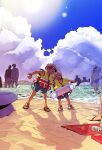  2boys blue_shorts blue_sky brown_hair can closed_eyes cloud cloudy_sky copyright_request day innertube life_vest male_child multiple_boys open_mouth outdoors sand sandals shadow short_hair shorts sky smile tirano_kim 