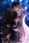  1boy 1girl black_hair blue_eyes blurry blurry_background fate/grand_order fate_(series) formal fujimaru_ritsuka_(male) highres jeanne_d&#039;arc_alter_(fate) long_hair suit sushimaro very_long_hair white_hair yellow_eyes 